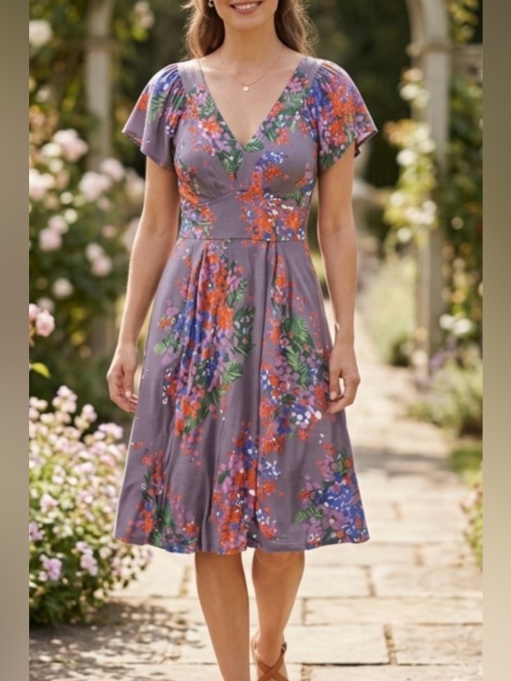 Boden Cate Purple Floral V Neck Dress US 6P